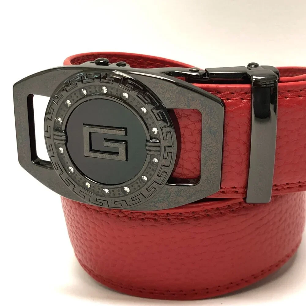 Red Leather Ratchet Belt Automatic Buckle Fits 28in-50in Blue Adjustable Men New